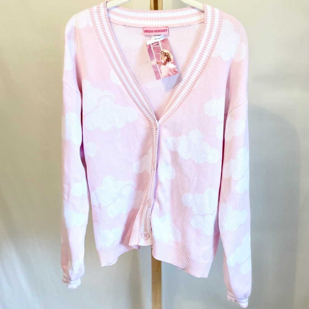 Megan Moroney Lucky Cloud Cardigan Pink White Button Front Sweater Small NEW